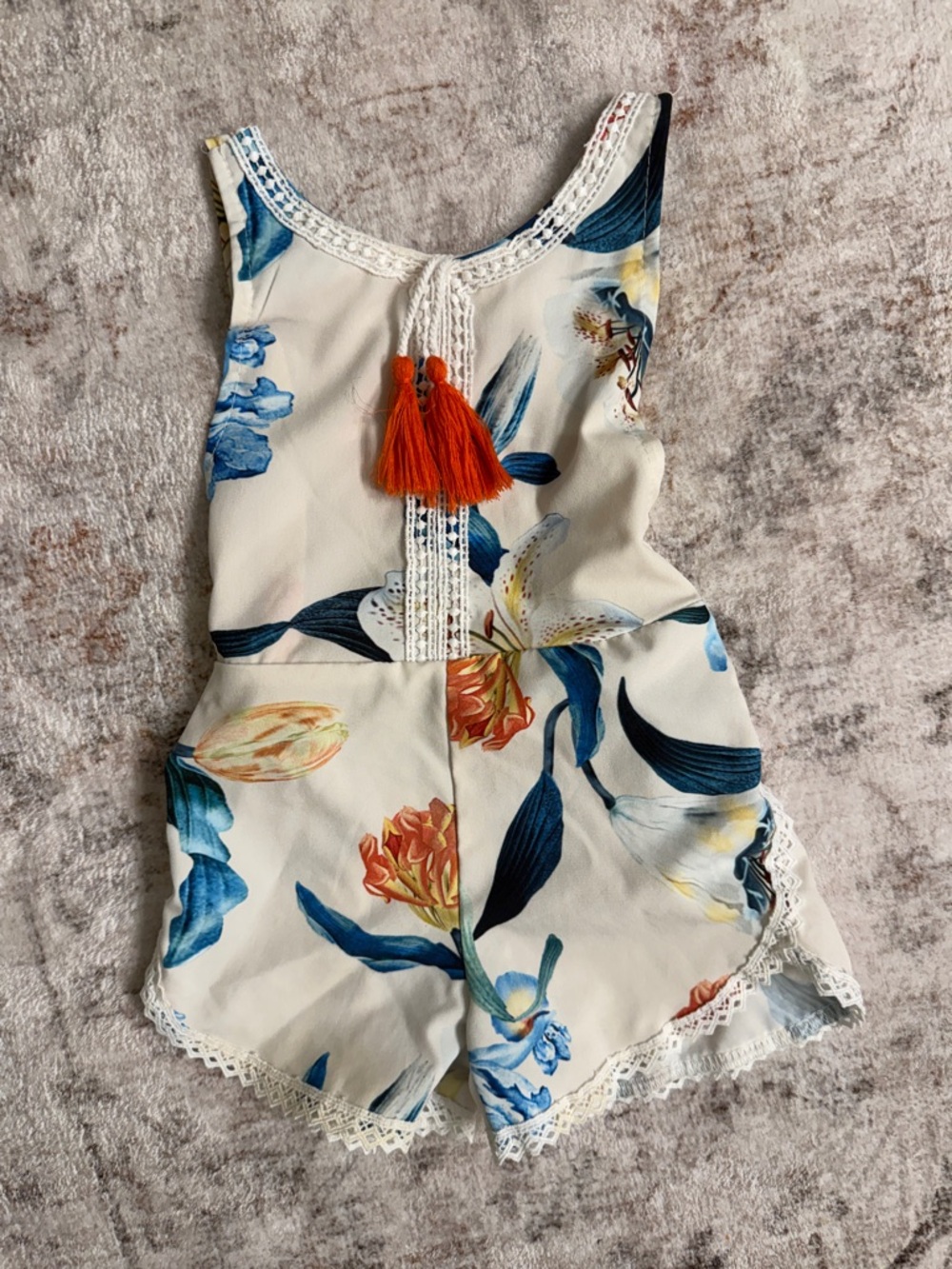 Girls Cream Floral Lace-Trim Romper with Orange Tassel